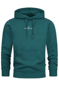 Sudadera con capucha en color azul verdoso, con bolsillo frontal, cordones y un logo blanco impreso. Fabricada con material de algodón suave y puños y dobladillo acanalados.