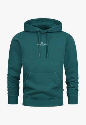 Turkooise capuchontrui met een voorzak, trekkoorden en een witte logo-afdruk. Gemaakt van zacht katoenen materiaal met geribbelde manchetten en zoom.