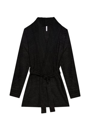 Cardigan negru cu guler tip șal, mâneci lungi și centură legată în talie. Realizat dintr-un material tricotat texturat.