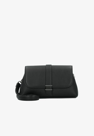 Schwarze Lederhandtasche mit strukturiertem Finish, flacher Klappenverschluss und abnehmbarem Schulterriemen. Verfügt über metallische Akzente. Rechteckige Form.