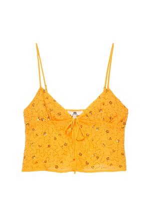 Geel cropped hemdje met dunne dubbele schouderbandjes, bloemige paillettenpatronen en een strikdetail aan de voorkant.