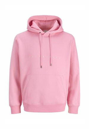 Svijetloruža majica s kapuljačom od pamučne mješavine. Ima kangaroo džep, vezice i bijeli tiskani logotip. Mekana tekstura s rebrastim manžetama.