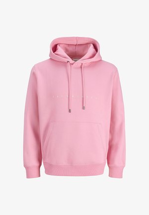 Light pink hoodie made of cotton blend. Features a kangaroo pocket, drawstrings, and white printed logo. Soft texture with ribbed cuffs.