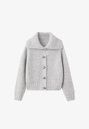 Light grey knitted cardigan with a wide collar, five buttons, ribbed cuffs, and hem, featuring a textured pattern throughout.