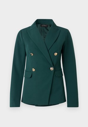 Green double-breasted blazer made of smooth fabric, featuring gold buttons, structured shoulders, and two front pockets.