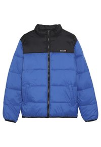 Doudoune bleu et noire avec un col montant, une fermeture zippée et des coutures horizontales ; comprend des poches latérales et un logo sur la poitrine.