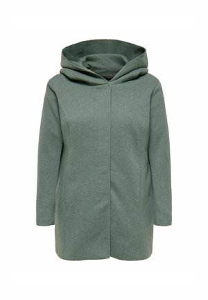 Green hooded coat with a front closure, made of soft fabric. Features a minimalist design, long sleeves, and side pockets.