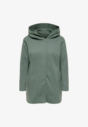 Manteau à capuche vert avec une fermeture à l'avant, fabriqué en tissu doux. Il présente un design minimaliste, des manches longues et des poches latérales.