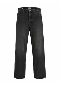 Jeans din denim gri închis cu o croială lejeră, picioare drepte, cinci buzunare și închidere cu nasture la talie. Cusăturile vizibile pun accent pe întreaga piesă.