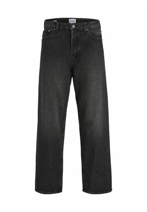 Jeans in denim grigio scuro con vestibilità ampia, gambe dritte, cinque tasche e chiusura con bottone in vita. Cuciture visibili che accentuano il design.