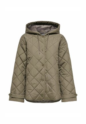 Veste matelassée vert olive avec capuche, boutons-pression à l'avant, poignets réglables et motif de couture en forme de losange.