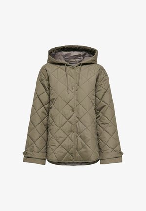 Olivengrøn quiltet jakke med hætte, knapper foran, justerbare manchetter og diamantformet sy mønster.