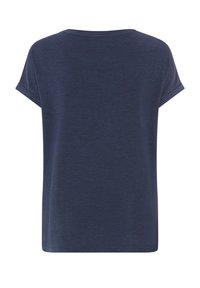 Dunkelblaues Kurzarm-T-Shirt mit Rundhalsausschnitt, lockerer Passform und weichem, strukturiertem Stoff. Keine sichtbaren Muster oder Akzente.