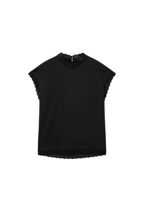 Czarna bluzka bez rękawów z koronkową wstawką w stylu eyelet na kołnierzu, rękawach i dole, zapinana na guziki z tyłu przy szyi.