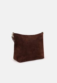 Brown suede bag with a rectangular shape, featuring a single shoulder strap and simple design. Smooth texture, no visible patterns or hardware.