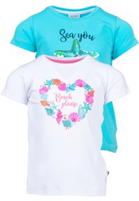 Set of two children's t-shirts: one turquoise with "Sea you" and starfish design; one white with colorful seashell heart and "Beach please."