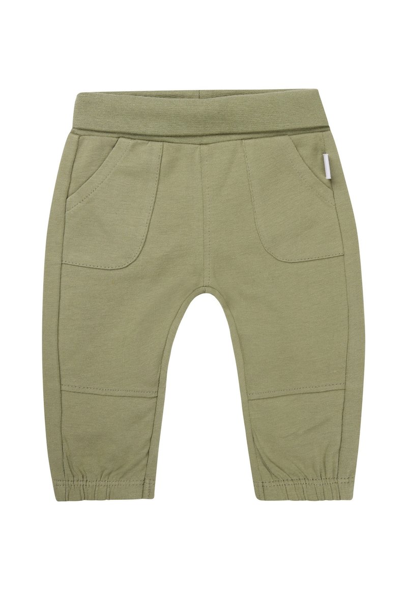 Groene katoenen broek met een elastische tailleband, voorzien van twee voorzakken, met geknofte enkels en gestikte details op de benen.