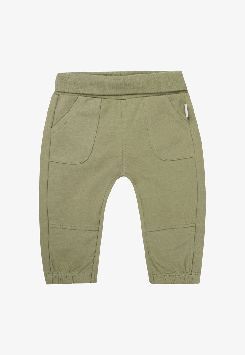 Groene katoenen broek met een elastische tailleband, voorzien van twee voorzakken, met geknofte enkels en gestikte details op de benen.