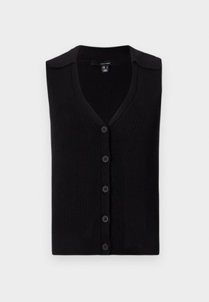 Black sleeveless cardigan with a v-neck, ribbed texture, and six buttons down the front. Features a classic collar design.