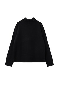 Pull en maille noir à manches longues avec col montant côtelé, poignets et ourlet, posé à plat sur un fond blanc.