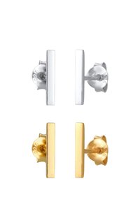 Pendientes de plata y oro en forma de cuadrado. Superficie metálica suave con un acabado pulido. Respaldados con un poste circular para un uso seguro.