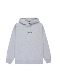 Sudadera gris hecha de una mezcla de algodón con un bolsillo canguro en la parte frontal, capucha ajustable con cordón y un logo negro de "Element" en el pecho.
