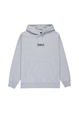 Felpa grigia in misto cotone con tasca a kanguro frontale, cappuccio regolabile con cordino e logo nero "Element" sul petto.