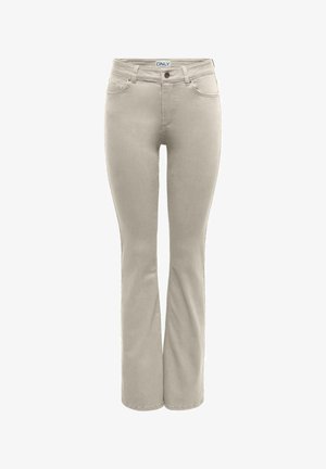 Jean beige ajusté pour femmes avec poches avant, fermeture par bouton et fermeture éclair, et légère évasement à l'ourlet.