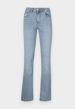 Light blue denim flared jeans with a high waist, featuring a zip and button closure, five pockets, and subtle fading along the legs.