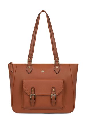 Borsa tote in pelle marrone con doppi spallacci regolabili e tasca frontale assicurata da due cinturini con fibbia.