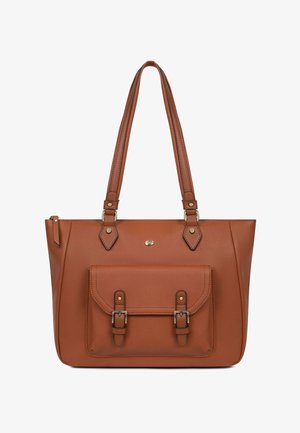 Borsa tote in pelle marrone con doppi spallacci regolabili e tasca frontale assicurata da due cinturini con fibbia.
