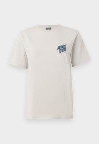 Tricou din bumbac bej cu mânecă scurtă, având un grafic al logo-ului "Santa Cruz" de culoare albastră în zona stângă a pieptului. Textură netedă. Decolteu rotund.