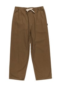 Bruine, wijde broek gemaakt van zacht stof. Kenmerkt een elastische tailleband met een trekkoord en zijzakken. Gladde textuur en geen patronen.