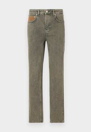 Grønne denimjeans med rette bendesign, med en brun kordfløyel-lomme og subtile fading over hele stoffet.