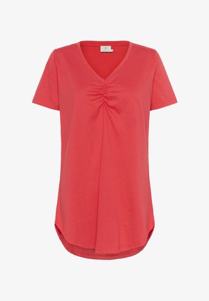 Korallfärgad V-ringad t-shirt med korta ärmar, med centrala rynkdetaljer; avslappnad passform med en något rundad nederkant. Mjuk bomullsmix.