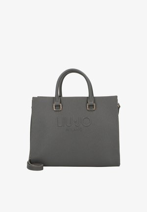 Bolso gris texturizado con dos asas y correa para el hombro desmontable, con el logo "LIU JO MILANO" en relieve en la parte frontal.