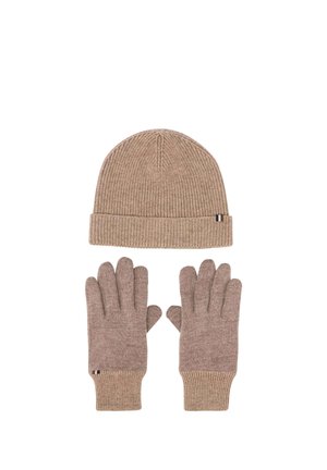 Beige ribbed knit beanie hat and matching wool gloves with folded cuffs, laid flat on white background.