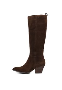 Bruine suède laarzen tot de knie met een spitse neus, afgeronde achterkant en een gestapeld hak. Voorzien van een zachte textuur en minimale stikseldetails.
