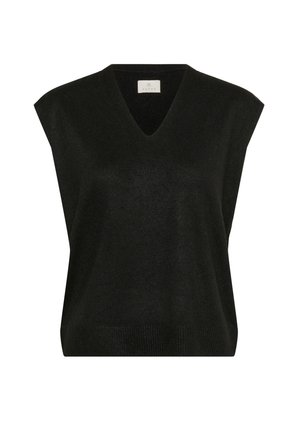 Maglione smanicato nero in maglia con scollo a V. Tessuto testurizzato e orlo a coste. Design minimalista adatto per essere indossato a strati.