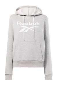 Felpa grigia in misto cotone, con un grande logo Reebok bianco, coulisse regolabile e tasca frontale a marsupio.