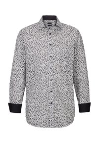 Camicetta bianca con un motivo floreale nero, colletto a camicia con bottoni e polsini neri. Presenta una vestibilità regolare e una texture del tessuto liscia.