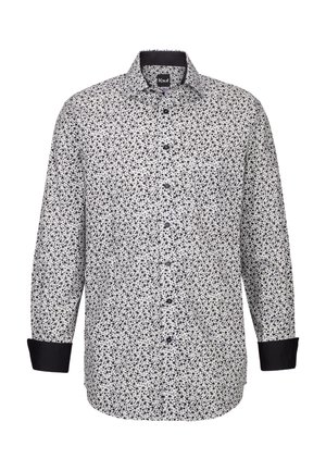 Weißes Hemd mit schwarzem Blumenmuster, Button-Down-Kragen und schwarzen Manschetten. Verfügt über eine normale Passform und eine glatte Stofftextur.