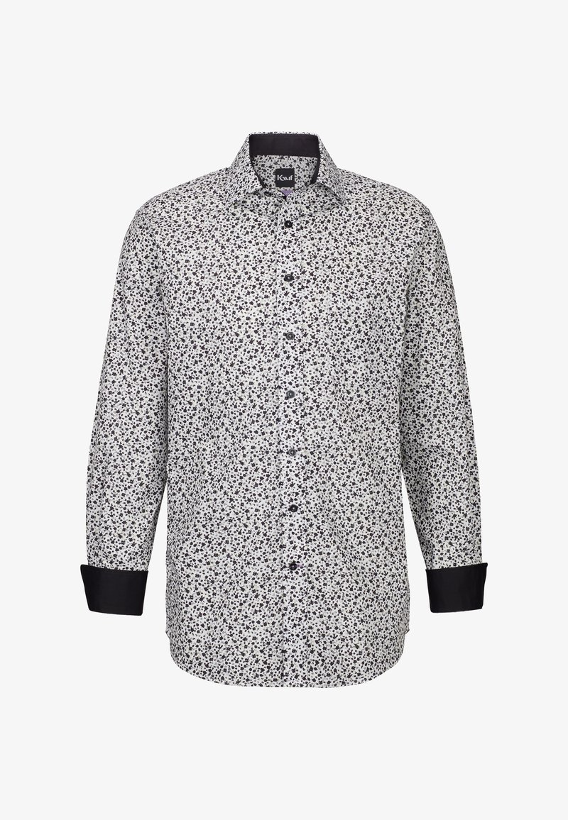 Camicetta bianca con un motivo floreale nero, colletto a camicia con bottoni e polsini neri. Presenta una vestibilità regolare e una texture del tessuto liscia.