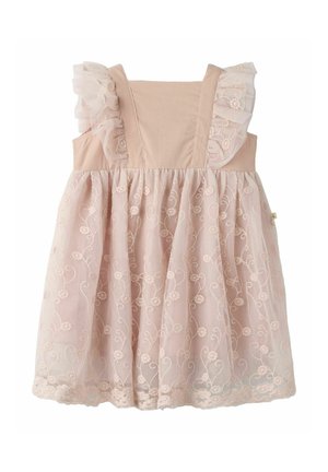 Ärmelloses, staubrosa Kleinkindkleid mit besticktem Tüllüberzug mit Rüschen und floralen Spitzendetails am Oberteil und Rock.