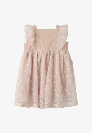 Vestito senza maniche rosa cipria per bambina, con sovrapposizione di tulle ricamato a balze e dettagli floreali in pizzo sul corpetto e sulla gonna.