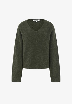 Sötétzöld, rövid fazonú pulóver, puha, texturált anyagból, V-kivágással és hosszú ujjakkal. Márkajelzés a nyakrészen.