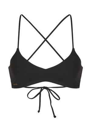 Haut de bikini noir triangle avec de fines bretelles réglables. Comprend une fermeture à nouer sur le devant et un design à croisillons dans le dos, fabriqué à partir d'un matériau lisse.