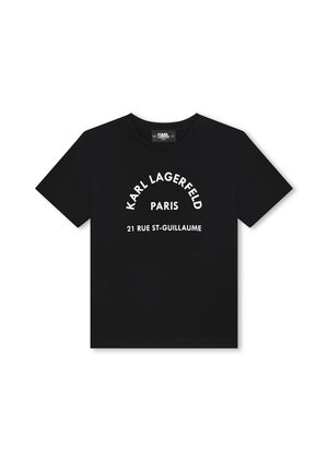 T-shirt di cotone nero con maniche corte, con testo stampato bianco: "Karl Lagerfeld Paris" e "21 Rue St-Guillaume." Design semplice.