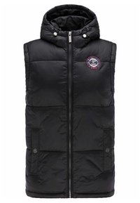 Chaleco acolchado negro con capucha, cierre de cremallera y parche de logo; presenta bolsillos laterales y una textura acolchada.