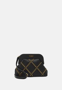 Sac à main en cuir synthétique noir avec un design structuré, accents en chaîne dorée en motif X, et une bandoulière amovible. Logo doré à l'avant.